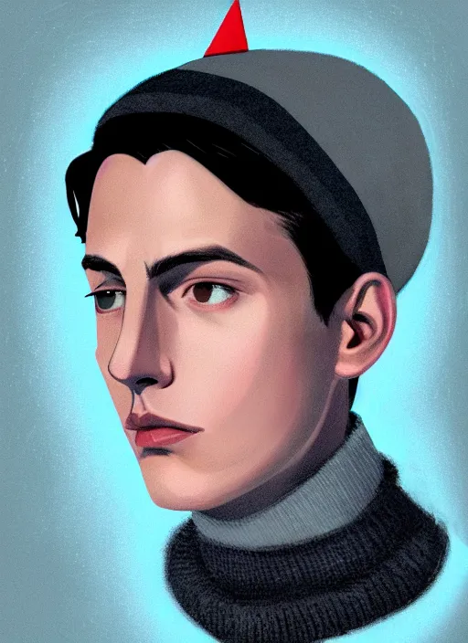 Image similar to portrait of teenage jughead jones wearing a light grey crown, crown, blue turtleneck, 1 9 5 0 s, closed eyes, photorealistic, black hair, glowing lighting, intricate, elegant, glowing lights, highly detailed, digital painting, artstation, concept art, smooth, sharp focus, illustration, art by wlop, mars ravelo and greg rutkowski