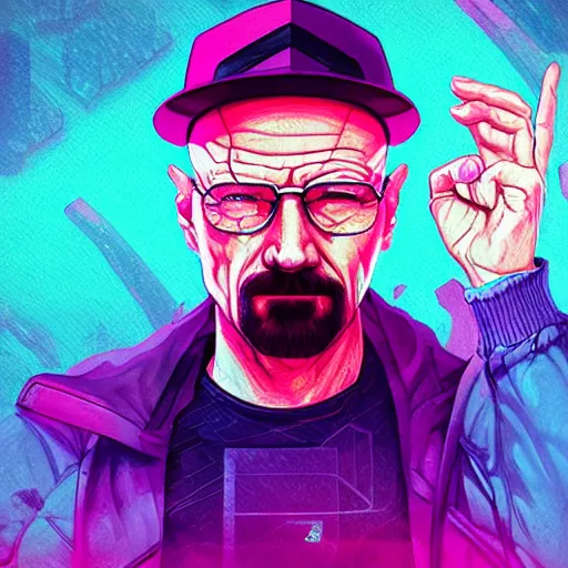 Image similar to high quality illustration, walter white portrait, cyberpunk colors, vaporwave, retro, neotrad, lois van baarle, moebius, league of legend, arcane style