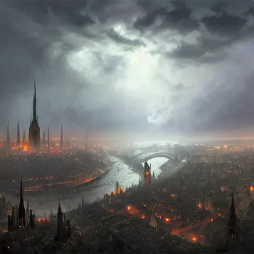 Image similar to an ultra detailed matte painting of a lonely and impossibly tall ominous gothic dark citadel tower of the evil patriarch, elevated high above the city, in a river elevated high above the city, fantasy capital city, ultrawide lense, aerial photography, scary thunderstorm, light fog, volumetric lighting, exquisite detail, 8 k, art by greg rutkowski and alphonse mucha