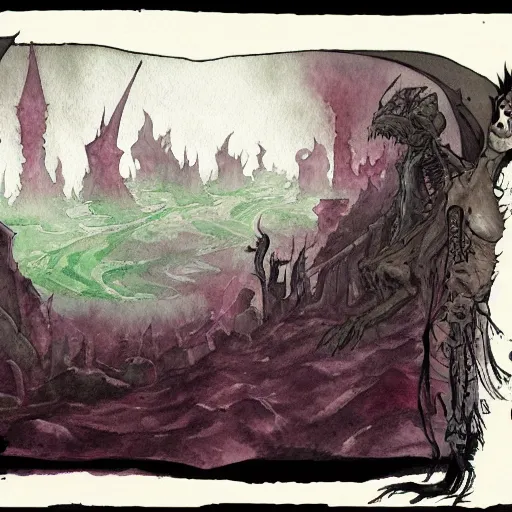 Image similar to vecna, demonic alien hellscape in the background, atmospheric, ominous, 8 k, watercolor and ink, museum quality