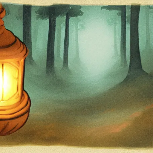 Image similar to a genie’s lamp surrounded by forest, fantasy illustration