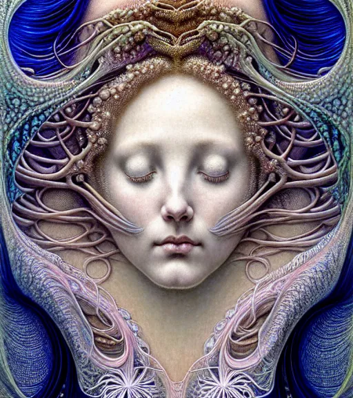 Prompt: detailed realistic beautiful opalescent goddess face portrait by jean delville, gustave dore, iris van herpen and marco mazzoni, art forms of nature by ernst haeckel, art nouveau, symbolist, visionary, gothic, neo - gothic, pre - raphaelite, fractal lace, intricate alien botanicals, biodiversity, surreality, hyperdetailed ultrasharp octane render