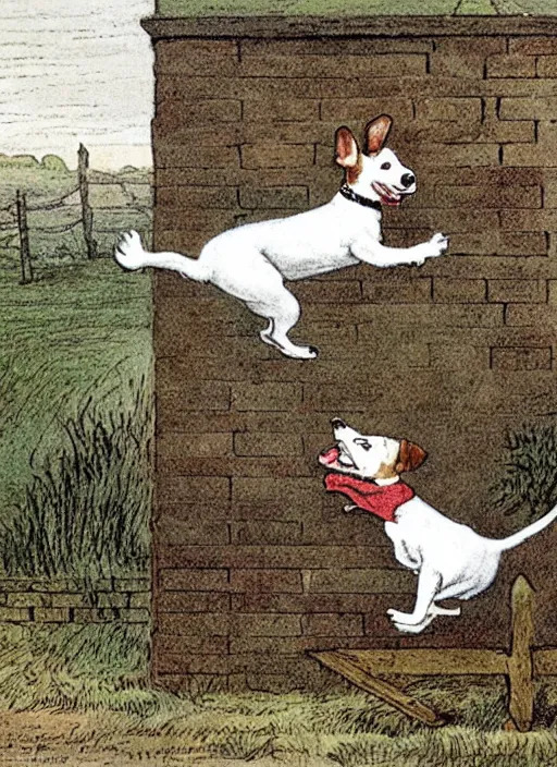 Prompt: jack russel terrier jumping from the ground over a brick fence, illustrated by peggy fortnum and beatrix potter and sir john tenniel