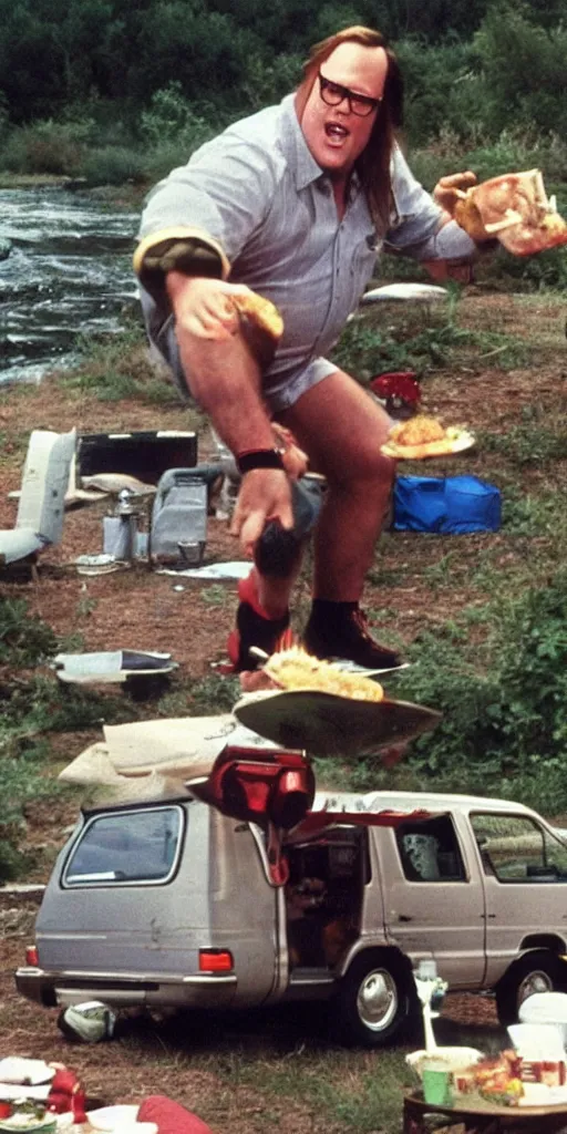 Prompt: matt foley living in a van down by the river cooking some hamburgers in the style of vemeer