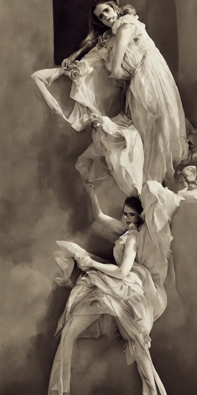 Image similar to portrait emma watson stretching southern belle greg rutkowski cecil beaton