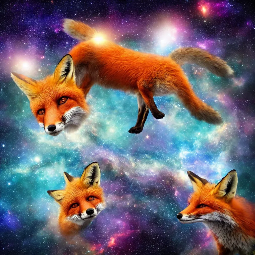 Prompt: a fox in a lake in space staring up at a galaxy, realistic, colorful