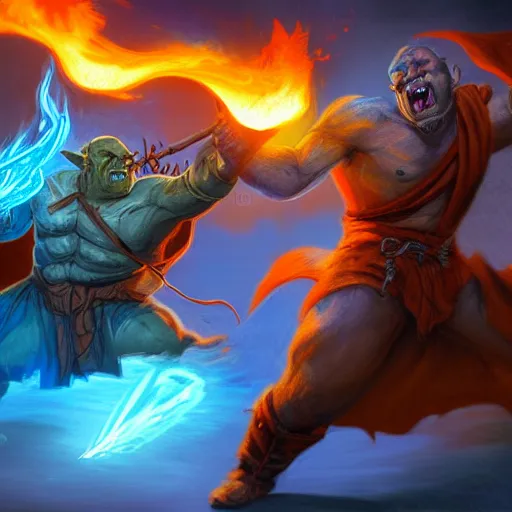 Image similar to a pyromancer is fighting a orc with blue fire, medium level shot , epic scene, Mucha style , general fantasy, illustration ,concept art,