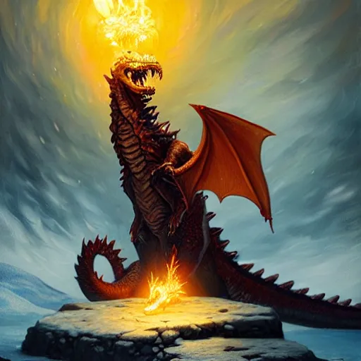 Prompt: A highly detailed, fantasy oil painting by Greg Rutkowski of a sorcerer casting a fireball spell against a huge ancient ice dragon