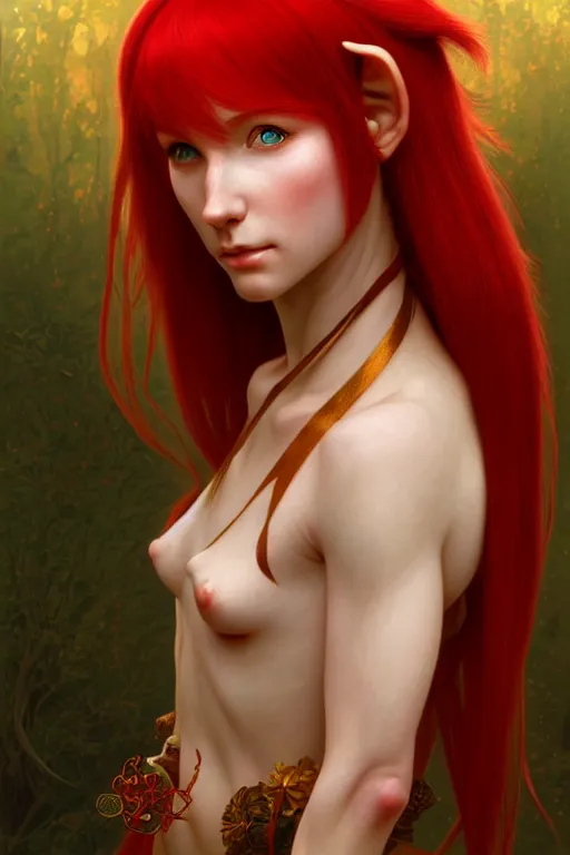 Image similar to portrait of a red - haired elf, golden ratio rule, highly detailed, digital painting, artstation, sharp focus, illustration, art by tan zi and ayanamikodon and alphonse mucha and wlop