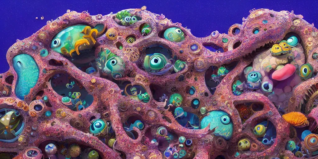 Image similar to of an intricate sea reef with strange cute friendly happy creatures with huge eyes, mouth, long tongue, round teeth and goofy face, appearing from the background, in the style of gehry and gaudi, macro lens, shallow depth of field, ultra detailed, digital painting, trending artstation, concept art, illustration, cinematic lighting, photorealism, epic, octane render