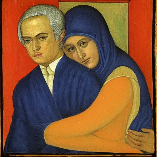 Image similar to painting benjamin netanyahu being held by his mother, tempera on wood, by duccio