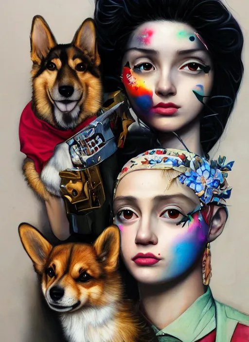 Prompt: beautiful portrait painting of a young attractive Swiss lofi cyberpunk princess and her corgi assassin king, by Afarin Sajedi, Alessandro Barbucci, Alex Gross, Shin Jeongho, Shohei Otomo. trending on Artstation, 8k, masterpiece, face enhance, graffiti paint, fine detail, full of color, intricate detail, golden ratio illustration