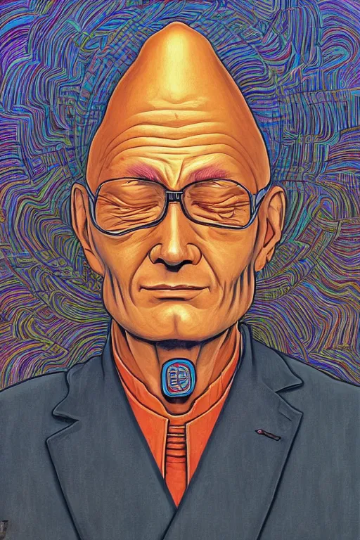 Prompt: an original jean giraud digital art painting of a portrait of a zen - buddhist capitalist in a bankers suit