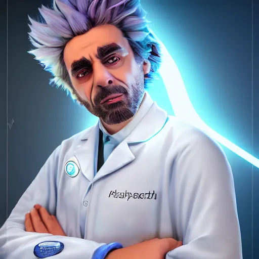 Image similar to portrait art of rick sanchez, lab coat, cyan shirt, 8 k ultra realistic, lens flare, atmosphere, glow, detailed, intricate, full of colour, cinematic lighting, trending on artstation, 4 k, hyperrealistic, focused, extreme details, unreal engine 5, cinematic, masterpiece
