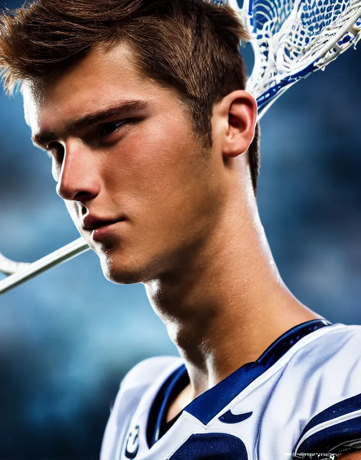 Image similar to closeup portrait of very beautiful cute male lacrosse player in a penn state stadium, glamour pose, particle effects, backlit, highly detailed, soft ambient lighting, sharp focus, rule of thirds, artgerm, wlop, arney freytag, rossdraws, frank frazetta, andrei riabovitchev, hd, octane, 4 k