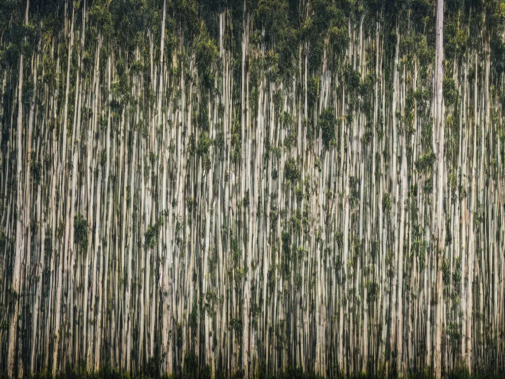 Image similar to long exposure photograph of eucalyptus trees, strong wind, by gursky, sony ar 7 ii,