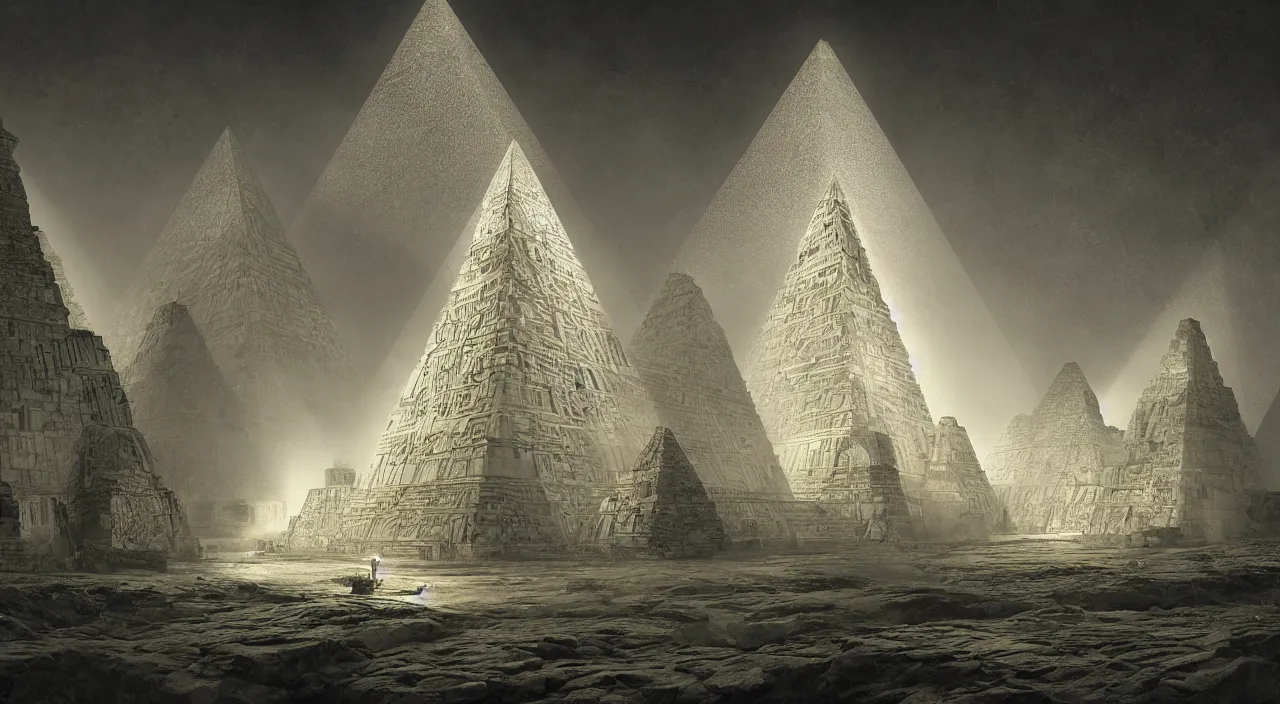 Image similar to ancient pyramid with a large illuminated gateway, fractal structure, cellular biology by glenn small, by ernst haeckel, by albert bierstadt, photorealistic, zaha hadid, god rays, volumetric lighting, detailed, intricate, delicate, raytrace, octane, light fog, neon, bladerunner