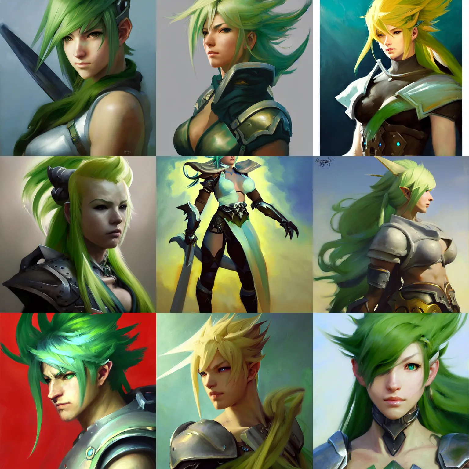 Prompt: Greg Manchess portrait painting of the Warrior of Light from Final Fantasy XIV with medium green hair as Overwatch character, medium shot, asymmetrical, profile picture, Organic Painting, sunny day, Matte Painting, bold shapes, hard edges, street art, trending on artstation, by Huang Guangjian and Gil Elvgren and Sachin Teng