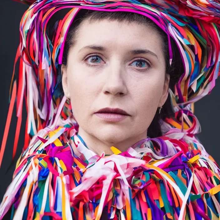 Image similar to a closeup portrait of a woman wearing a cloak made of ribbons, staring at an empty swing playground, claymation, 8 k, medium - format print