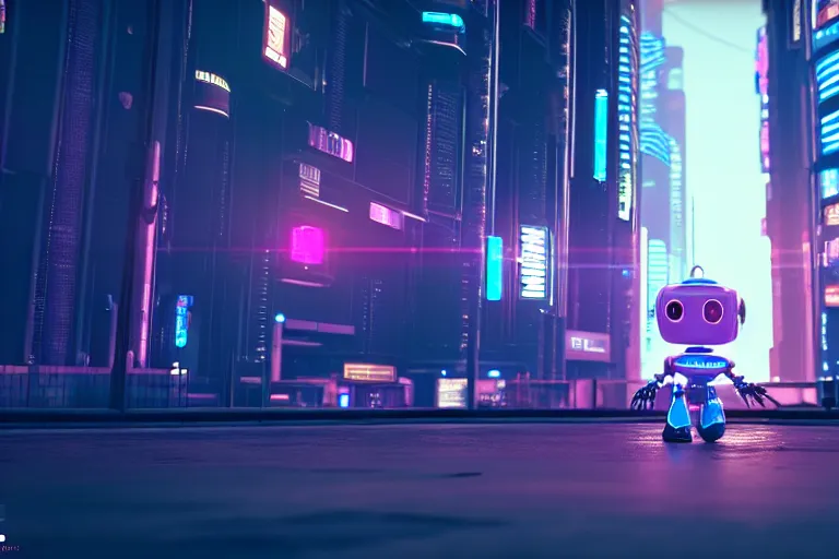 Image similar to a cute little robot in at cyberpunk city. super realistic 8 k render of a elegant, cinematic composition