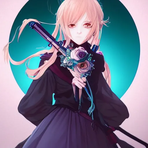 Image similar to clear portrait of anime girl violet evergarden cosplay hatsune miku, black background, light effect, anime style hyper detailed, illustration, bloody, intricate, elegant, digital painting, artstation, smooth, sharp focus, art by artgerm and greg rutkowski and alphonse mucha.
