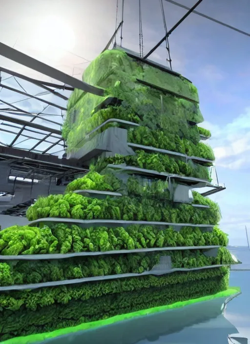 Prompt: a cargo ship that has an algae vertical farm built on it, futuristic, ultra-realistic, Unreal Engine