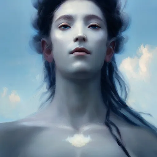 Prompt: a beautiful portrait of a cloud goddess with pure white eyes and clouds in the background by Greg Rutkowski and Raymond Swanland, Trending on Artstation, ultra realistic digital art