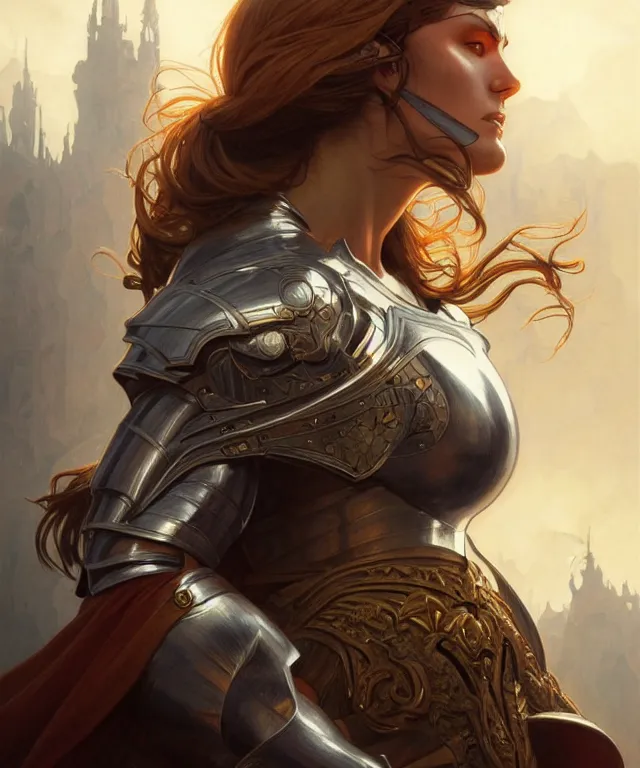 Image similar to Muscular and powerful medieval knight woman portrait, sci-fi, amber eyes, face, long hair, fantasy, intricate, elegant, highly detailed, digital painting, artstation, concept art, smooth, sharp focus, illustration, art by artgerm and greg rutkowski and alphonse mucha