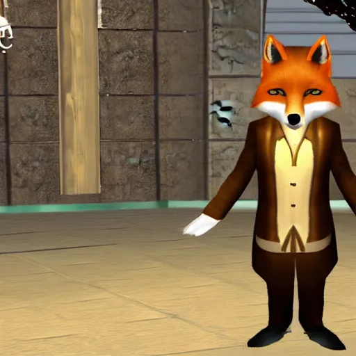 Image similar to Second Life game screenshot portrait of an anthropomorphic male fox dressed up for gyc night club