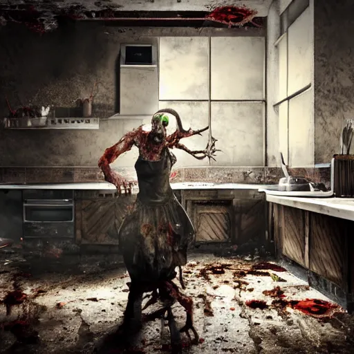 Image similar to kitchen - chef angry rotting zombie, detailled portrait, dilapidated restaurant interior, feeling of grimdark horror, daytime, high contrast, ultra intricate detailed, octane render, unreal engine