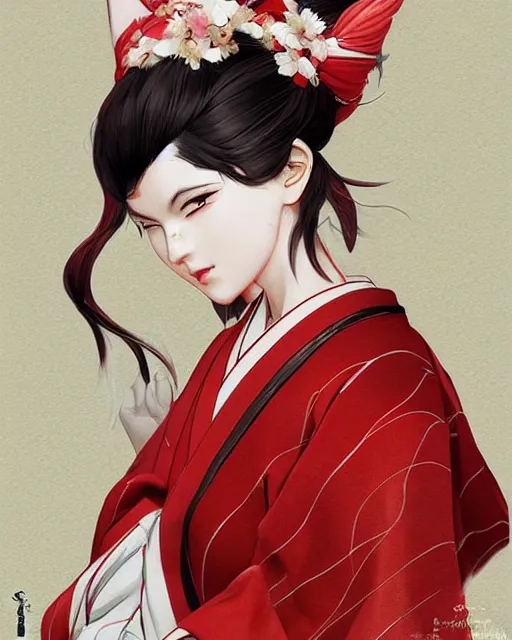 Image similar to Ssunbuki as a beautiful young kitsune wearing a red and white kimono, anime, portrait, visualartzi, concept art by Karla Ortiz, James Paick, Charlie Bowater, Krenz Cushart, highly detailed, ultra detailed, ultra realistic, trending on artstation, cgstudio