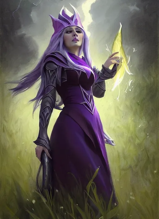Image similar to portrait of mage Syndra from League of Legends practicing wild magic, countryside, calm, fantasy character portrait, dynamic pose, above view, sunny day, thunder clouds in the sky, artwork by Jeremy Lipkin and Giuseppe Dangelico Pino and Michael Garmash and Rob Rey, very coherent asymmetrical artwork, sharp edges, perfect face, simple form, 100mm