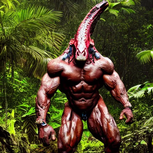 Image similar to a yautja predator in the jungle 4 k, high resolution, still, landscape, hd, dslr, hyper realistic, body builder, mr universe