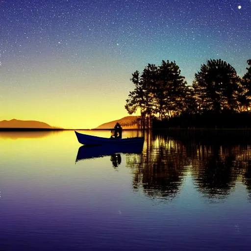 Image similar to A beautiful small boat alone on a lake at twilight with calm waters, the moon shines from above causing light ripples in the water. A small and calm traveller sits in the boat, at prace with himself and the world. A digital art piece designed by psychologists to calm a troubled mind. Tranquil dreams of tepid water, a photo frozen in time. Trending on art station, an award winning masterpiece