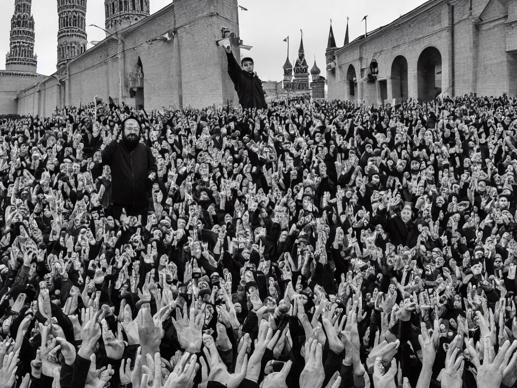 Prompt: ai weiwei hand raised middle finger extended in front of the kremlin black and white photograph