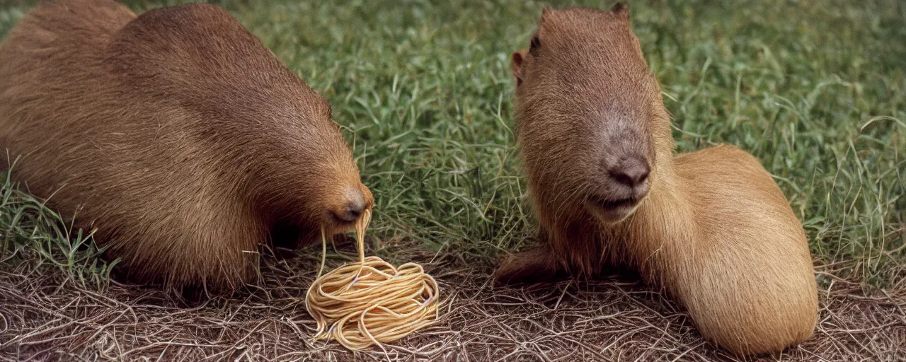 Image similar to one single capybara eating spaghetti from a bush, in the style of national geographic, canon 5 0 mm, film, kodachrome, retro, muted