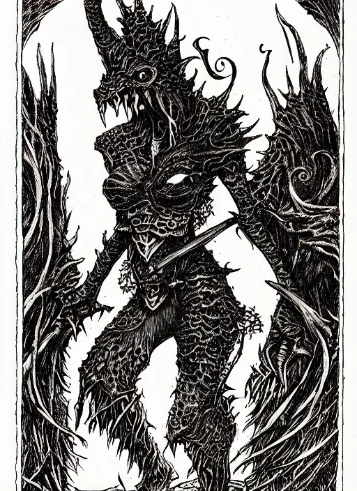 Prompt: cait sidhe as a d & d monster, full body, pen - and - ink illustration, etching, by russ nicholson, david a trampier, larry elmore, 1 9 8 1, hq scan, intricate details, inside stylized border