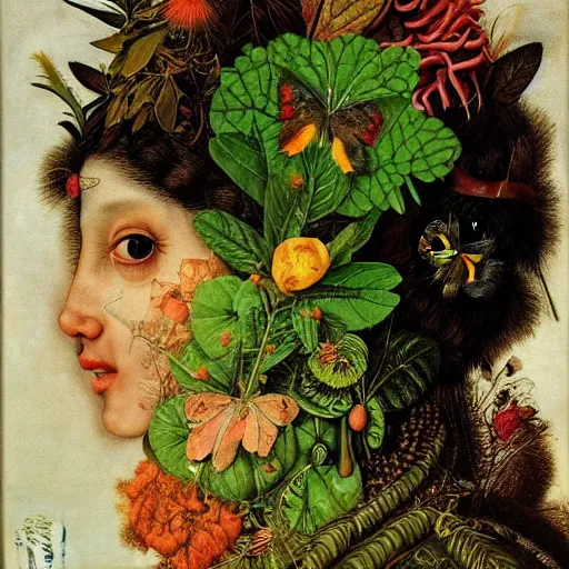 Image similar to a beautiful profile portrait of a beautiful female, leaves, by giuseppe arcimboldo,, psychedelic, surreal, dreamlike, environmental friendly, nature.