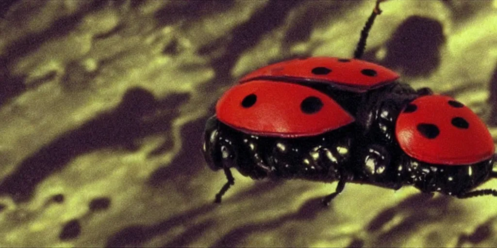 Image similar to a 3 d rendered movie still a ladybug descendant 1 million into the future. the ladybug is sentient, wears a spacesuit, and travels the stars in a super awesome space ship. science fiction blockbuster movie ladybugs rule the world, imax 7 0 mm. bladerunner, silent running