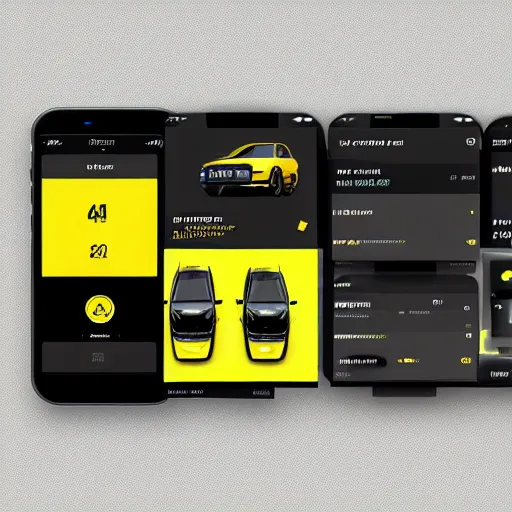 Prompt: a full ux layout of a connected car dashboard and marketplace mobile app for ios with a black and yellow theme.