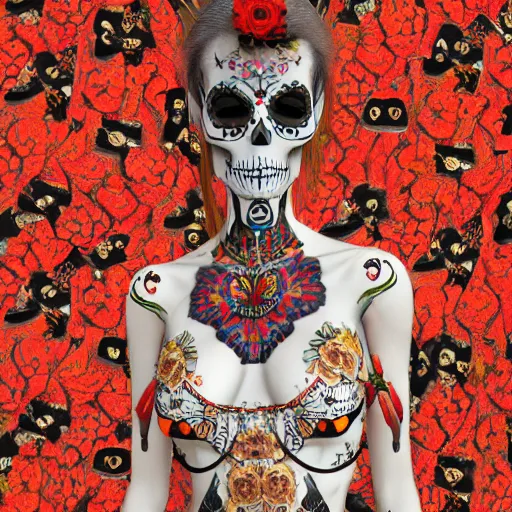 Image similar to lady, mid - waist self - portrait, perfect symmetry, intricate, dia de los muertos, skulls and flowers mask, aztec ultra detailed feathered dress 4 k resolution, octane rendering, ultra realistic, photo realism, beeple, 2 0 mm