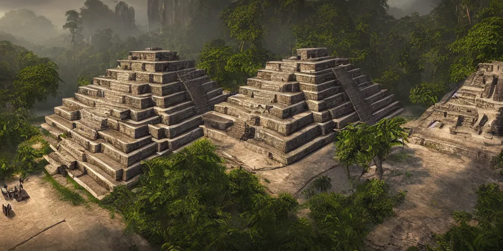 Image similar to palenque, ancient mayan city, unreal 5, hyperrealistic, realistic, photorealistic, dynamic lighting, highly detailed, cinematic landscape, studio landscape, studio lighting