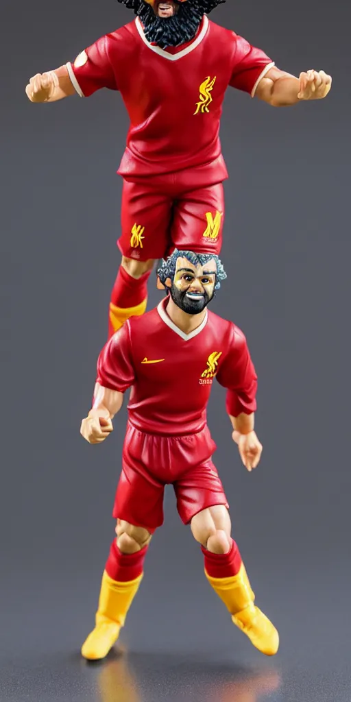 Image similar to a plastic figurine of mo salah going super saiyan, in red sports jersey, 8 k