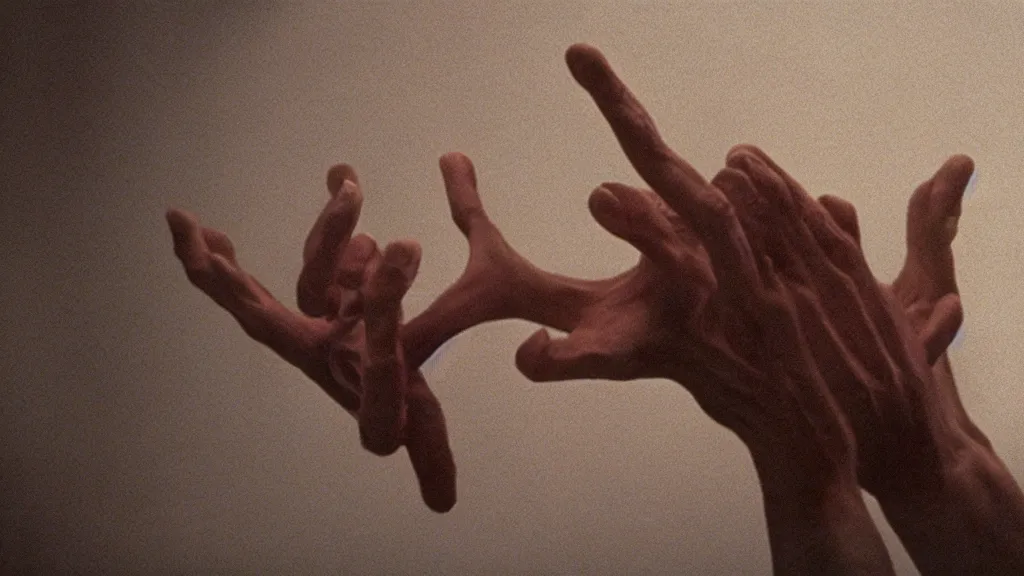 Image similar to the giant hand reaches inside out living room, film still from the movie directed by Denis Villeneuve with art direction by Zdzisław Beksiński, wide lens