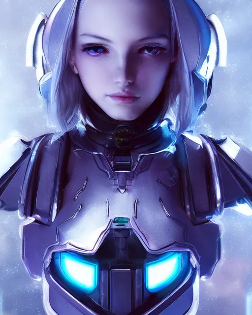 Prompt: perfect android girl on a mothership, warframe armor, beautiful face, scifi, futuristic, galaxy, nebula, bae suzy, dreamy, long white hair!!!, blue cyborg eyes, sharp focus, cinematic lighting, highly detailed, artstation, divine, by gauthier leblanc, kazuya takahashi, huifeng huang