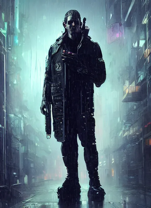 Image similar to frankenstein. cyberpunk cop in tactical gear. plastic raincoat. blade runner 2 0 4 9 concept painting. epic painting by james gurney, azamat khairov, and alphonso mucha. artstationhq. painting with vivid color. ( rb 6 s, cyberpunk 2 0 7 7 )