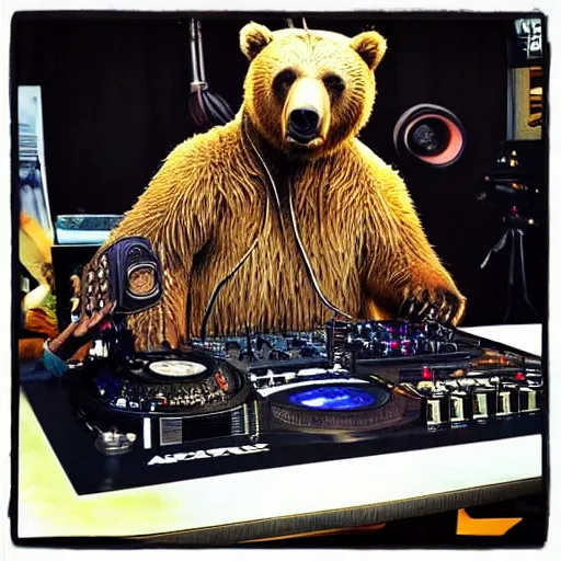 Prompt: an instagram photo of a grizzly bear dressed in hip hop street clothes in front of a dj table holding a microphone