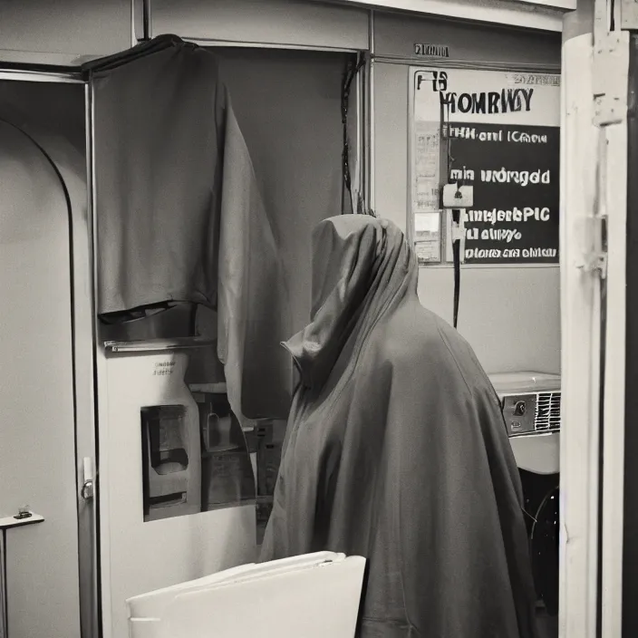 Image similar to a woman wearing a hood made of wire and plastic, in a laundry mat, color photograph, by edward hopper, canon eos c 3 0 0, ƒ 1. 8, 3 5 mm, 8 k, medium - format print