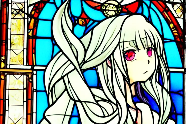 Prompt: very very beautiful anime girl, stained glass window