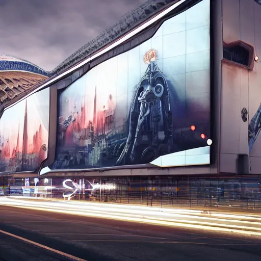 Image similar to sci-fi cars wall near structure on the coronation of napoleon painting and digital billboard in the middle, unreal engine 5, keyshot, octane, artstation trending, ultra high detail, ultra realistic, cinematic, 8k, 16k, in style of zaha hadid, in plastic, dark, tilt shift,